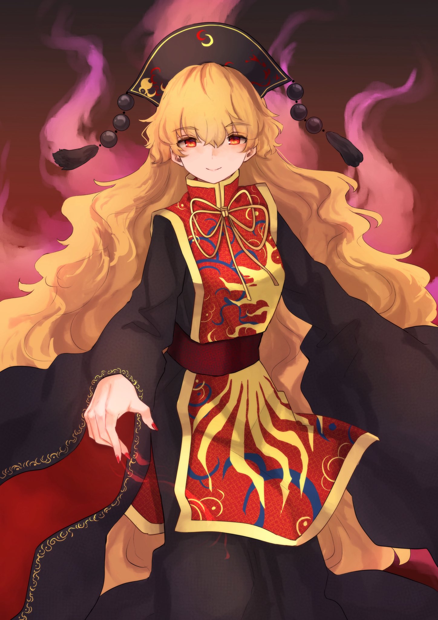 neold, junko (touhou), touhou, commentary, highres, 1girl, black dress, blonde hair, chinese clothes, closed mouth, dalachi (headdress), dress, gradient background, hair between eyes, long hair, long sleeves, looking at viewer, nail polish, red eyes, red nails, red tabard, smile, solo, tabard, very long hair, wavy hair