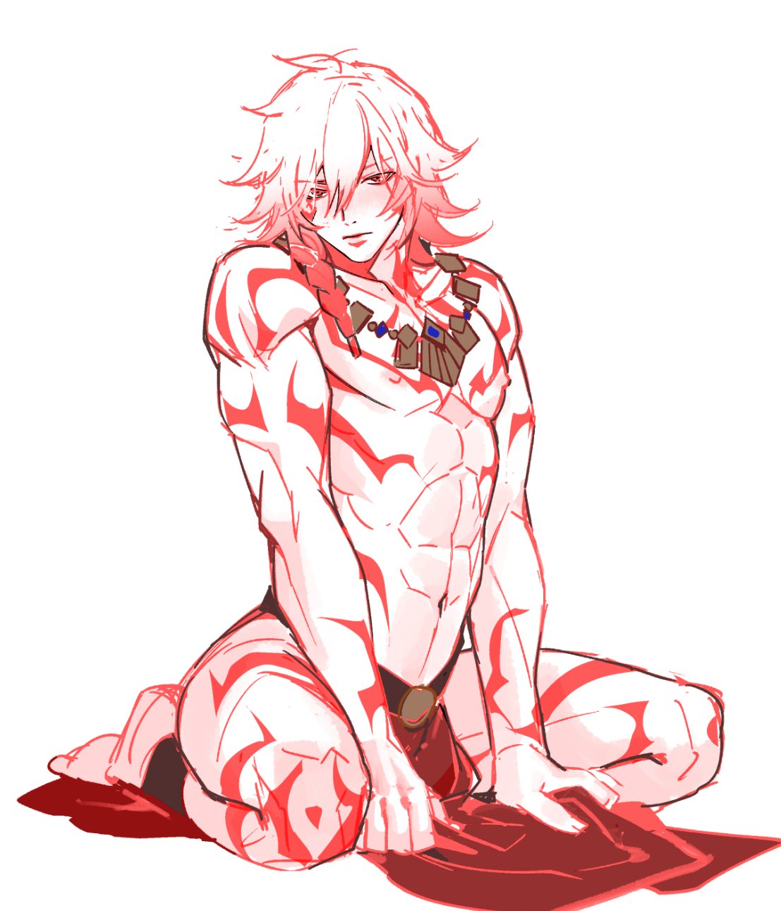 mydei (honkai: star rail), honkai: star rail, honkai (series), commentary, english commentary, highres, 1boy, abs, arm tattoo, blush, chest tattoo, closed mouth, facial tattoo, full body, leg tattoo, loincloth, looking at viewer, male focus, multiple tattoos, navel, neck tattoo, nipples, partially colored, pectorals, pocaari, red hair, red tattoo, revealing clothes, simple background, sitting, solo, tattoo, thighs, toned, toned male, wariza, white background