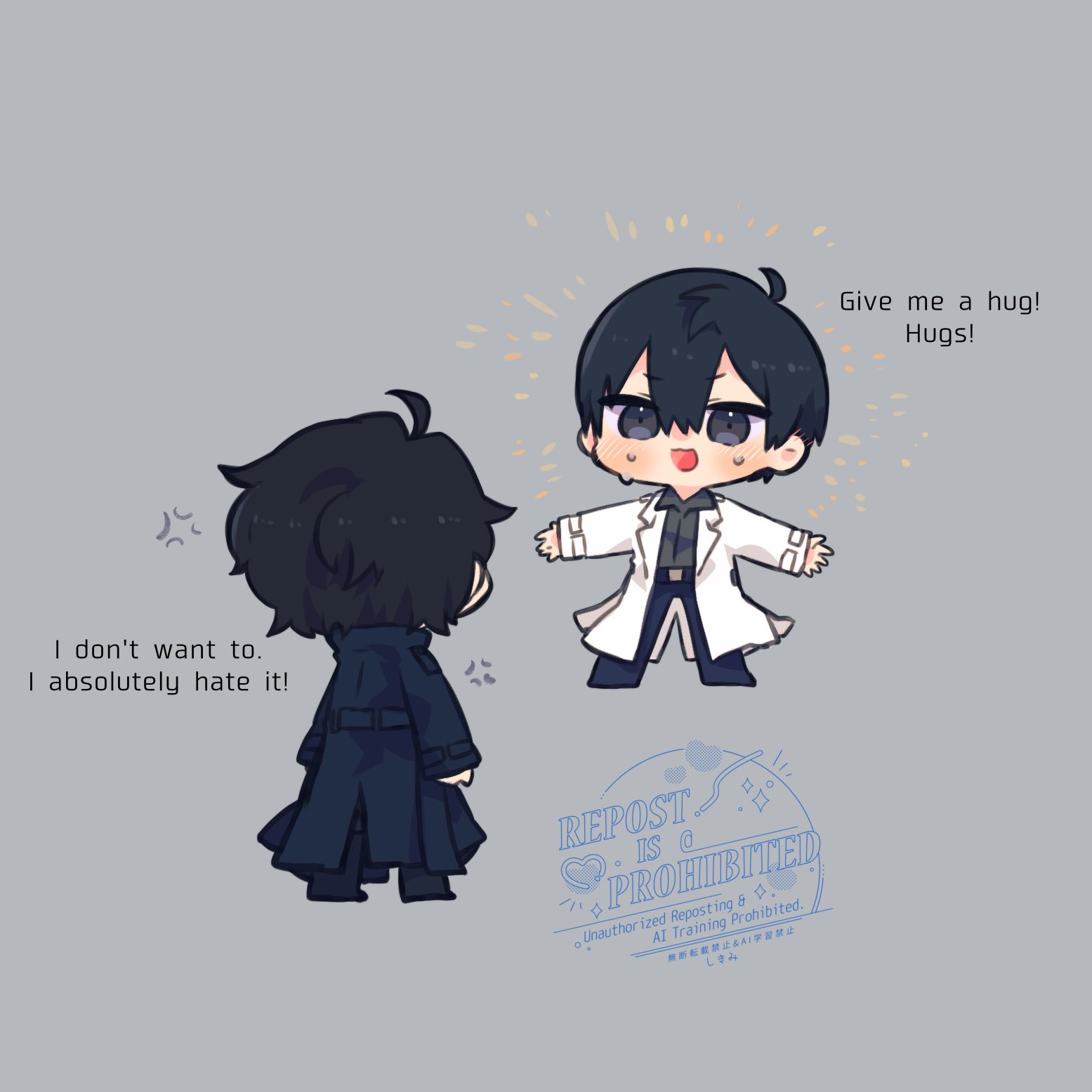 kim dokja, yoo joonghyuk, omniscient reader's viewpoint, highres, 2boys, ahoge, anger vein, black coat, black eyes, black hair, black shirt, chibi, chibi only, coat, curtained hair, double-parted bangs, english text, full body, hair between eyes, hug invitation, kimidori 22, looking at another, male focus, multiple boys, open clothes, open coat, open mouth, outstretched arms, popped collar, shirt, short hair, standing, sweatdrop, white coat
