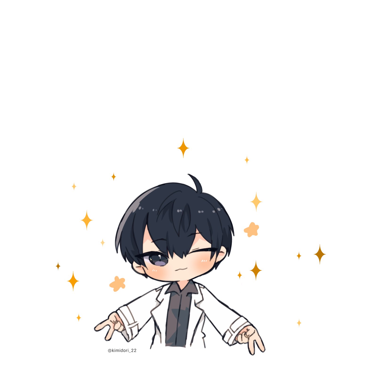 kim dokja, omniscient reader's viewpoint, highres, 1boy, ;), ahoge, black eyes, black hair, black shirt, chibi, chibi only, coat, double-parted bangs, double v, hair between eyes, head tilt, kimidori 22, male focus, one eye closed, open clothes, open coat, outstretched arms, popped collar, shirt, short hair, smile, solo, sparkle, upper body, v, white coat