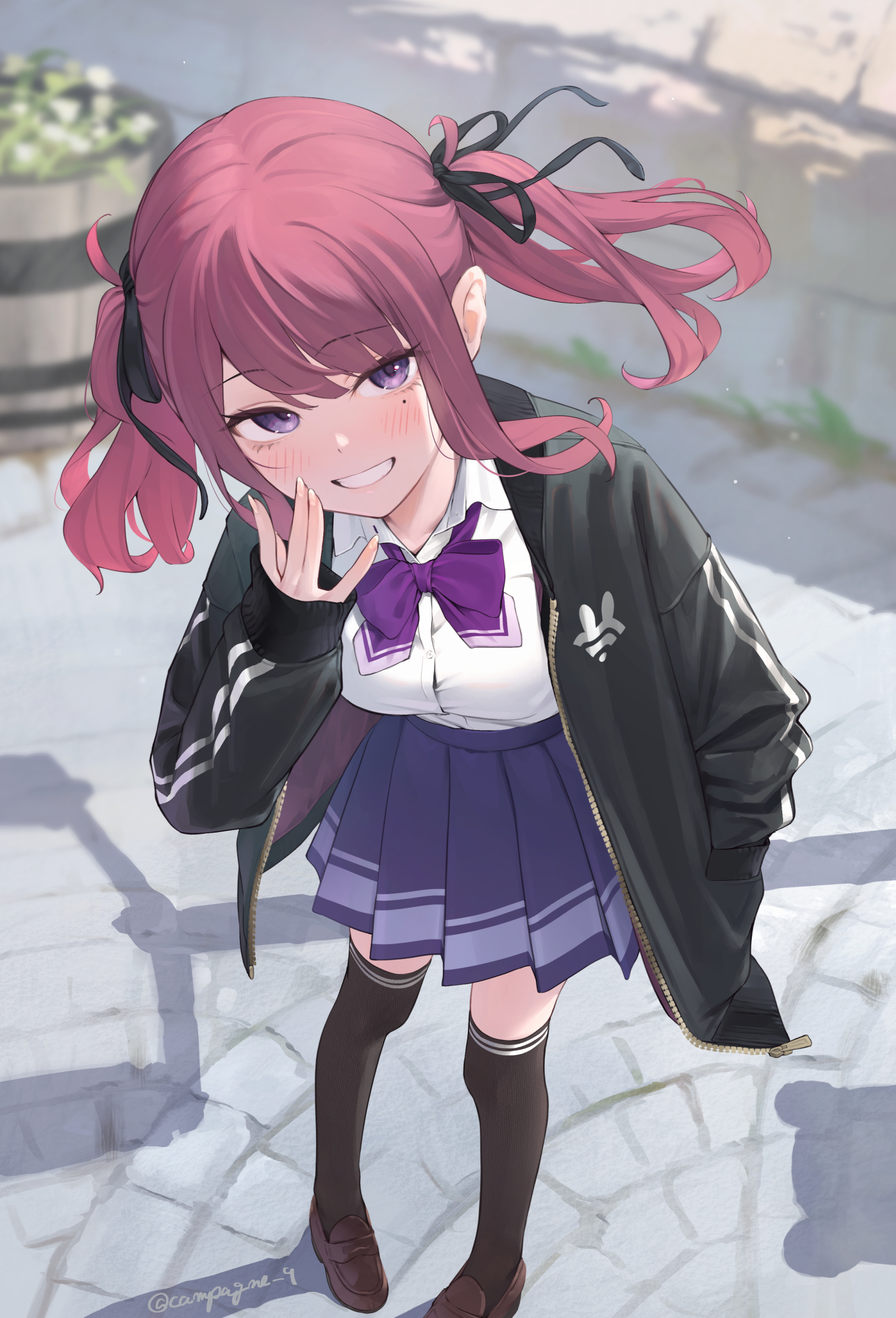 kanpa (campagne 9), natsuki karin, cevio, synthesizer v, highres, 1girl, black jacket, black ribbon, black thighhighs, blue skirt, blush, bow, bowtie, breasts, collared shirt, floating hair, full body, grin, hair ribbon, hand in pocket, jacket, loafers, long hair, long sleeves, looking at viewer, mole, mole under eye, open clothes, open jacket, outdoors, over-kneehighs, pink hair, pleated skirt, purple bow, purple bowtie, purple eyes, red hair, ribbon, school uniform, shirt, shoes, skirt, smile, solo, standing, thighhighs, track jacket, twintails, twitter username, white shirt