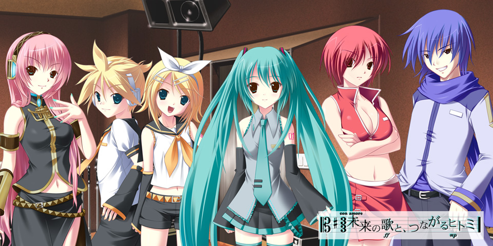 amino, amino kohaku, hatsune miku, kagamine len, kagamine rin, kaito (vocaloid), megurine luka, meiko (vocaloid), vocaloid, 2boys, 4girls, aqua hair, bare shoulders, belt, blue hair, blush, breasts, buckle, cleavage, coat, collarbone, copyright name, crossed arms, detached sleeves, green eyes, large breasts, long hair, looking at viewer, multiple boys, multiple girls, neckerchief, pants, pink hair, red eyes, sailor collar, school uniform, serafuku, tareme, thighhighs, twintails, very long hair