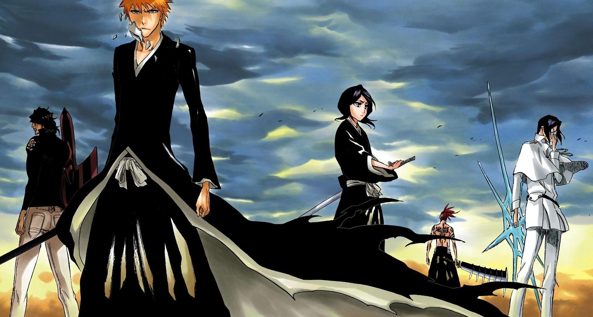 kubo tite, ishida uryuu, kuchiki rukia, kurosaki ichigo, sado yasutora, bleach, official art, second-party source, 1girl, 4boys, back tattoo, bankai, belt, black hair, blue hair, bow (weapon), breasts, broken mask, brown eyes, brown hair, closed mouth, dark-skinned male, dark skin, glasses, holding, holding bow (weapon), holding sword, holding weapon, japanese clothes, long sleeves, mask, medium hair, multiple boys, orange hair, pants, shihakusho, shikai, short hair, small breasts, sword, tattoo, tensa zangetsu (bankai), topless male, weapon, zabimaru (shikai), zanpakutou