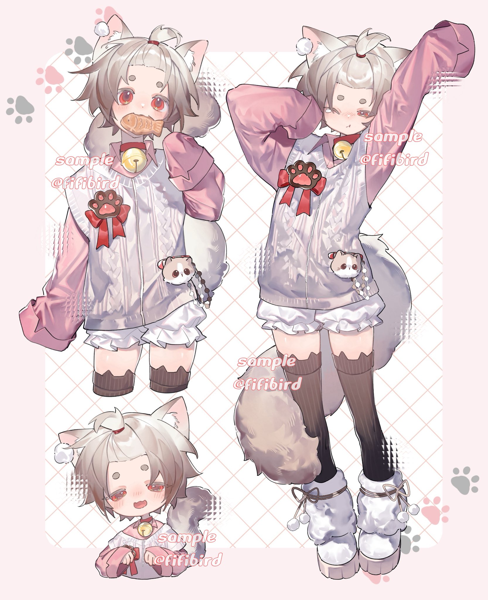 original, highres, 1boy, animal ear fluff, animal ear legwear, animal ears, bangs pinned back, bell, black thighhighs, boots, brown hair, cat ear legwear, cat ears, cat tail, charm (object), chibi, chibi inset, choker, collared shirt, cowboy shot, fifibird, food, food in mouth, frilled shorts, frills, full body, gradient hair, grey hair, hand up, hands up, long sleeves, loose hair strand, male focus, multicolored hair, neck bell, pink shirt, red choker, red eyes, round eyebrows, shirt, short shorts, shorts, sleeves past wrists, stretching, sweater vest, tail, taiyaki, thighhighs, trap, wagashi, white boots, white sweater vest, zettai ryouiki