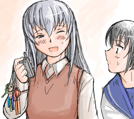 tsuda nanafushi, kashiwaba tomoe, suigintou, rozen maiden, silver hair, lowres, 00s, 2girls, aged up, black hair, blue sailor collar, casual, cellphone, multiple girls, one eye closed, phone, sailor collar, wink