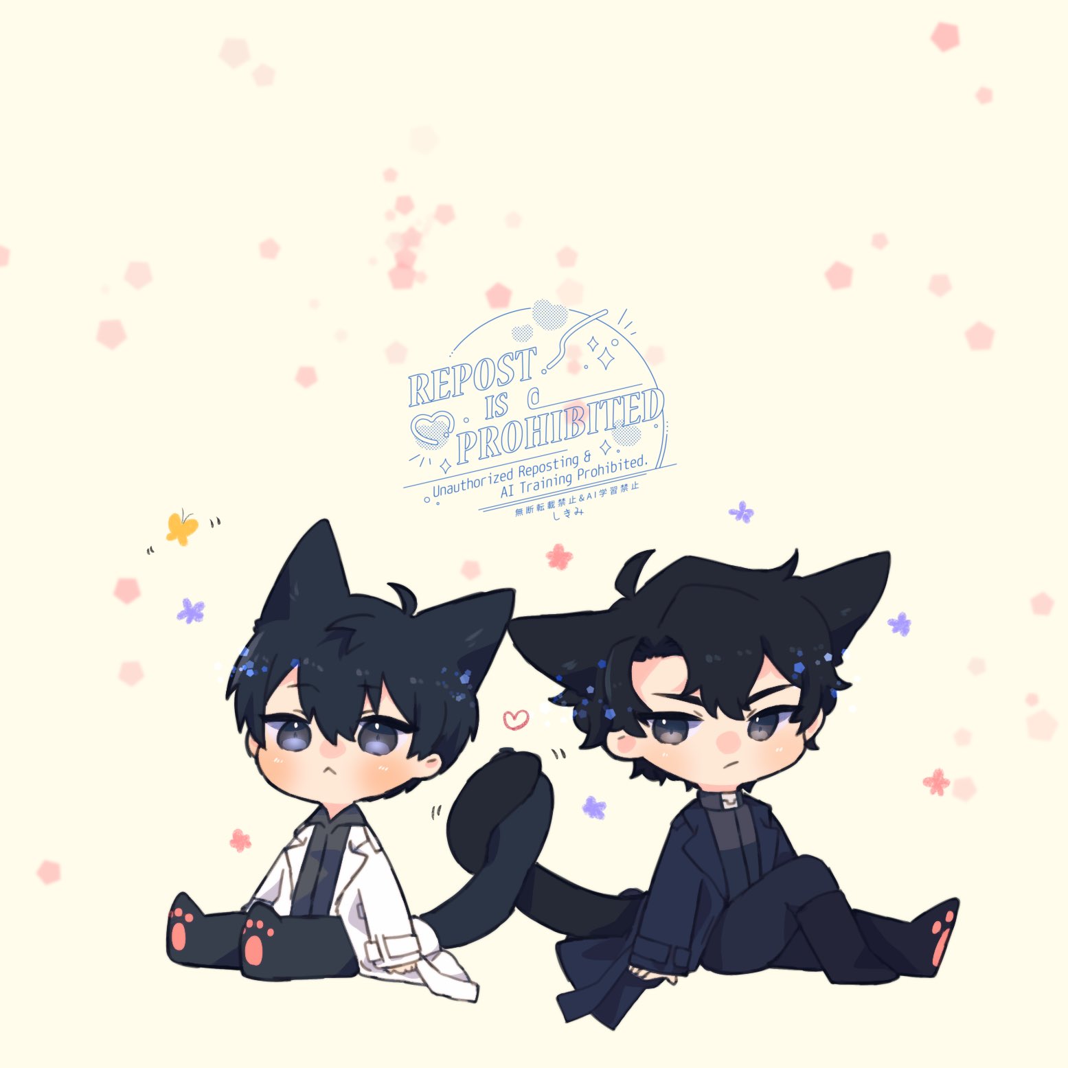 kim dokja, yoo joonghyuk, omniscient reader's viewpoint, highres, 2boys, :<, :/, ahoge, animal ears, black coat, black eyes, black hair, black shirt, cat ears, cat tail, chibi, chibi only, coat, curtained hair, double-parted bangs, full body, hair between eyes, holding another's tail, kemonomimi mode, kimidori 22, looking at viewer, male focus, multiple boys, open clothes, open coat, paw shoes, popped collar, shirt, short hair, sitting, tail, white coat
