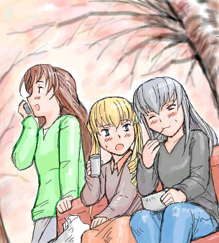 tsuda nanafushi, shinku, suigintou, suiseiseki, rozen maiden, silver hair, lowres, 00s, 3girls, aged up, blonde hair, blue eyes, brown hair, casual, eating, multiple girls, one eye closed, outdoors, red eyes, sitting, wink