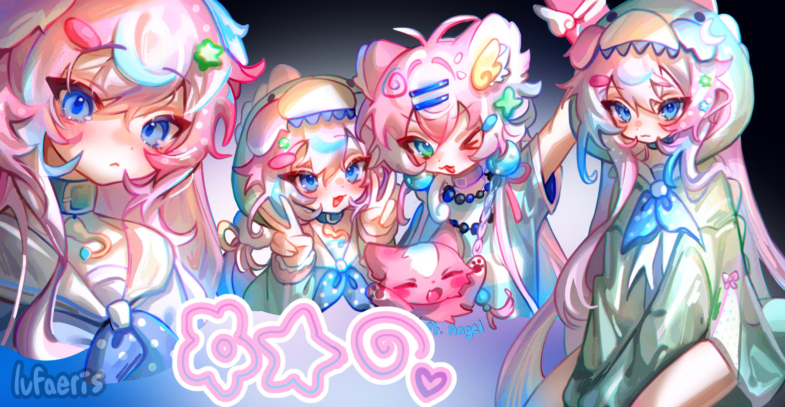 cloud (lufaeris), original, commentary, english commentary, highres, 4girls, animal costume, bead necklace, beads, blue choker, blue eyes, blue neckerchief, choker, closed mouth, double-parted bangs, double v, green shirt, hair between eyes, hair ornament, hairclip, hood, hood up, jewelry, long hair, looking at viewer, multicolored hair, multiple girls, neckerchief, necklace, one eye closed, onesie, open mouth, parallel hairclips, pink hair, shirt, smile, star (symbol), star hair ornament, streaked hair, v