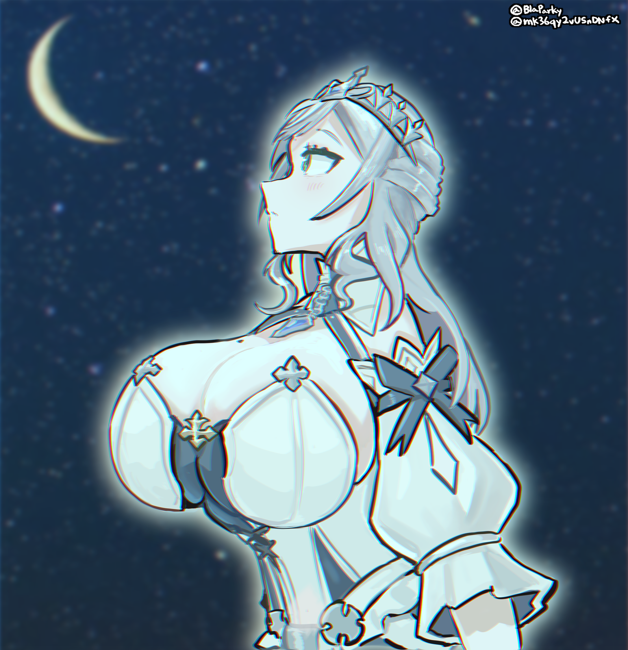 blaparky, shirogane noel, hololive, highres, 1girl, alternate costume, blush, breasts, chromatic aberration, cleavage, crescent moon, detached sleeves, dress, green eyes, grey hair, hair ornament, huge breasts, long hair, mole, mole on breast, moon, night, no bra, official alternate costume, official alternate hairstyle, puffy detached sleeves, puffy sleeves, shirogane noel (princess knight), sky, solo, star (sky), strapless, strapless dress, tiara, virtual youtuber, wavy hair, white dress