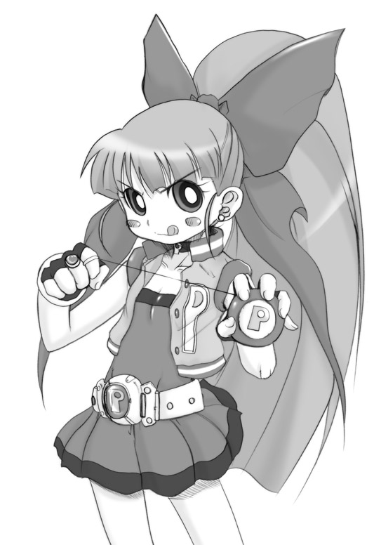 akazutsumi momoko, hyper blossom, cartoon network, powerpuff girls, powerpuff girls z, 00s, :p, blush, monochrome, tongue, tongue out, yo-yo