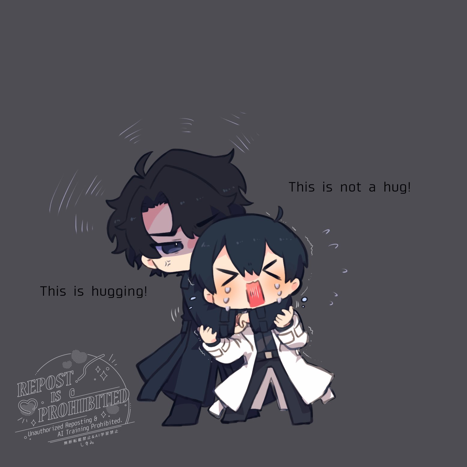 kim dokja, yoo joonghyuk, omniscient reader's viewpoint, highres, > <, 2boys, ahoge, anger vein, arm around neck, black coat, black eyes, black hair, black shirt, chibi, chibi only, coat, curtained hair, double-parted bangs, english text, full body, hair between eyes, headlock, kimidori 22, male focus, multiple boys, notice lines, open clothes, open coat, outstretched arms, partially shaded face, popped collar, shirt, short hair, spread legs, standing, strangling, tears, white coat