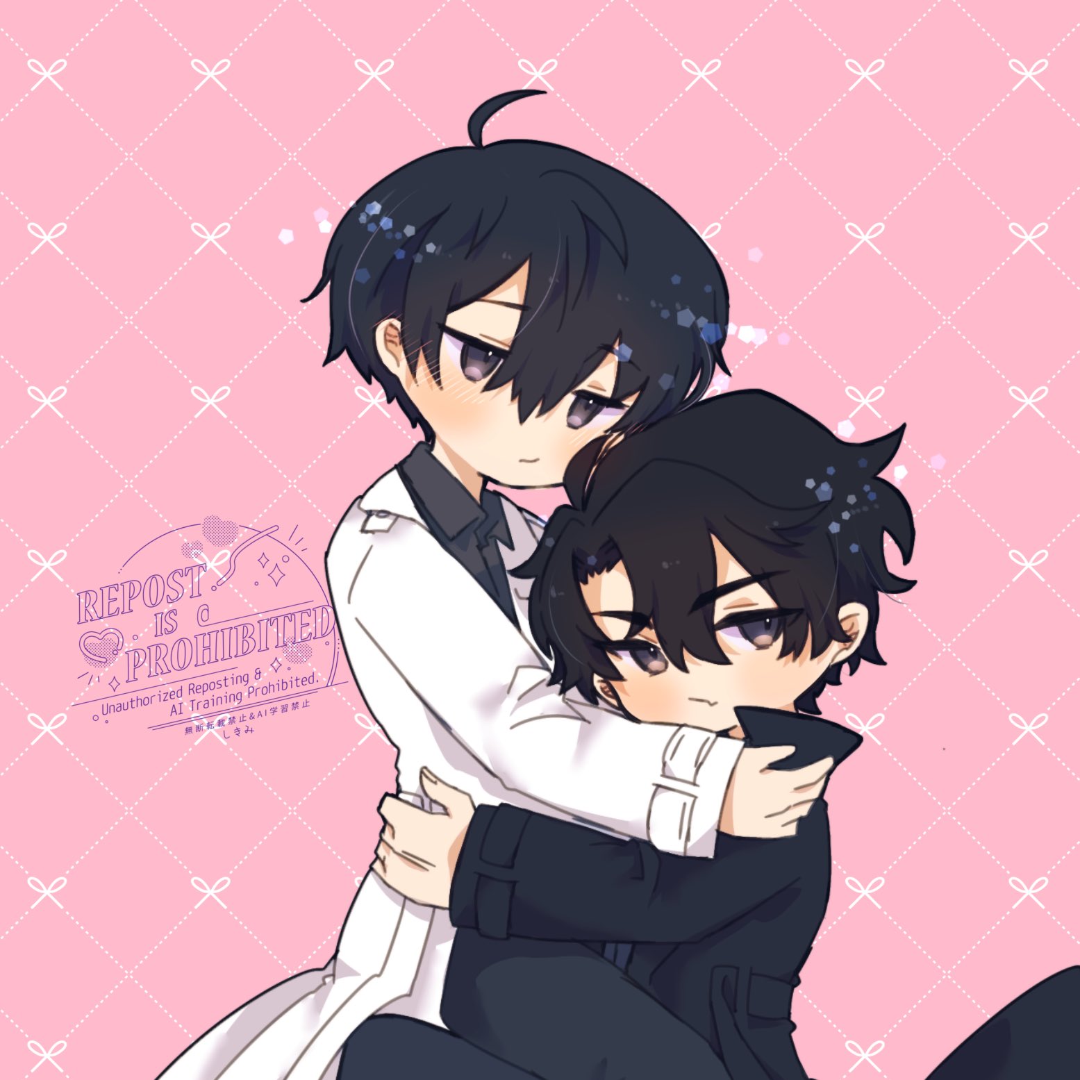 kim dokja, yoo joonghyuk, omniscient reader's viewpoint, highres, 2boys, :/, ahoge, black coat, black eyes, black hair, black shirt, blush, carrying, carrying person, chibi, chibi only, coat, curtained hair, double-parted bangs, fang, hair between eyes, hand on another's back, hand on another's shoulder, kimidori 22, looking at viewer, male focus, multiple boys, open clothes, open coat, popped collar, shirt, short hair, skin fang, white coat
