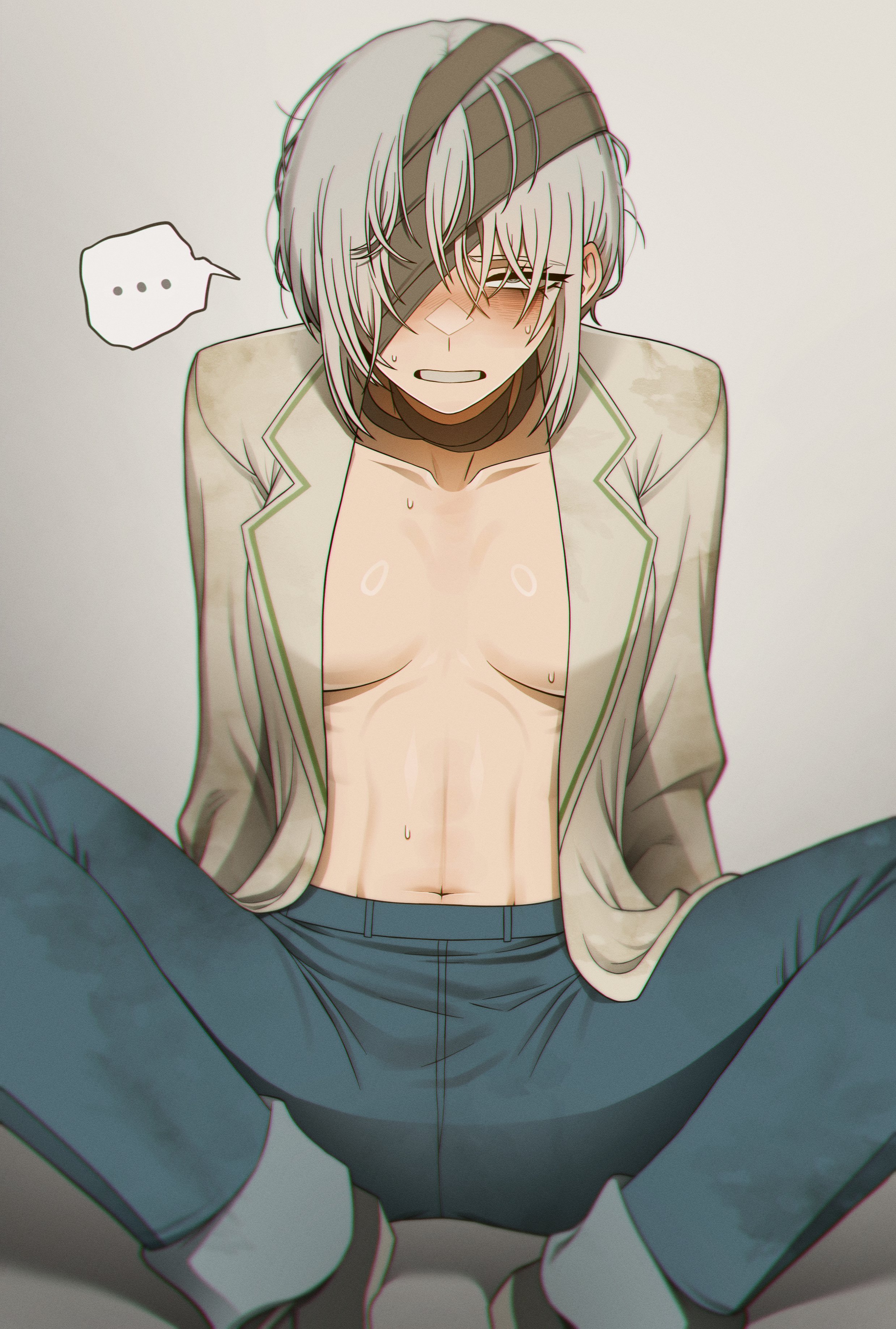 misg1111, dongbaek (project moon), limbus company, project moon, absurdres, commentary, highres, symbol-only commentary, …, 1girl, bandage over one eye, blue pants, blush, breasts, collarbone, denim, eyelashes, grey background, grey hair, jeans, large breasts, medium hair, navel, pants, sitting, solo, spoken ellipsis, sweat