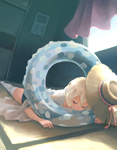 weno, weno's blonde original character, original, lowres, 1girl, blonde hair, closed eyes, female focus, hat, indoors, innertube, lying, sleeping, solo, swim ring