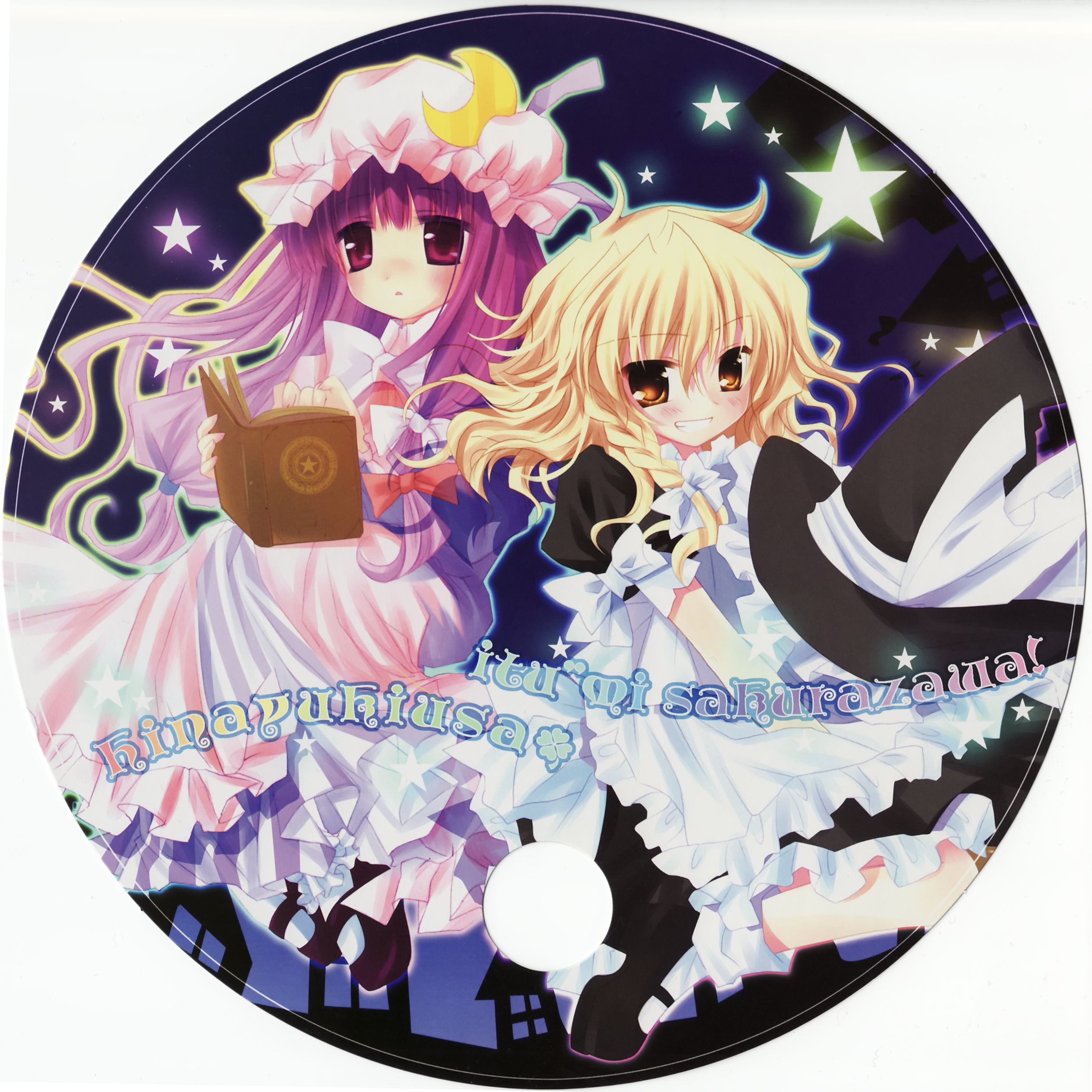 hinayuki usa, sakurazawa izumi, kirisame marisa, patchouli knowledge, touhou, absurdres, highres, 2girls, blonde hair, book, braid, female focus, hat, long hair, multiple girls, purple eyes, purple hair, short hair, star (symbol), witch, witch hat, yellow eyes