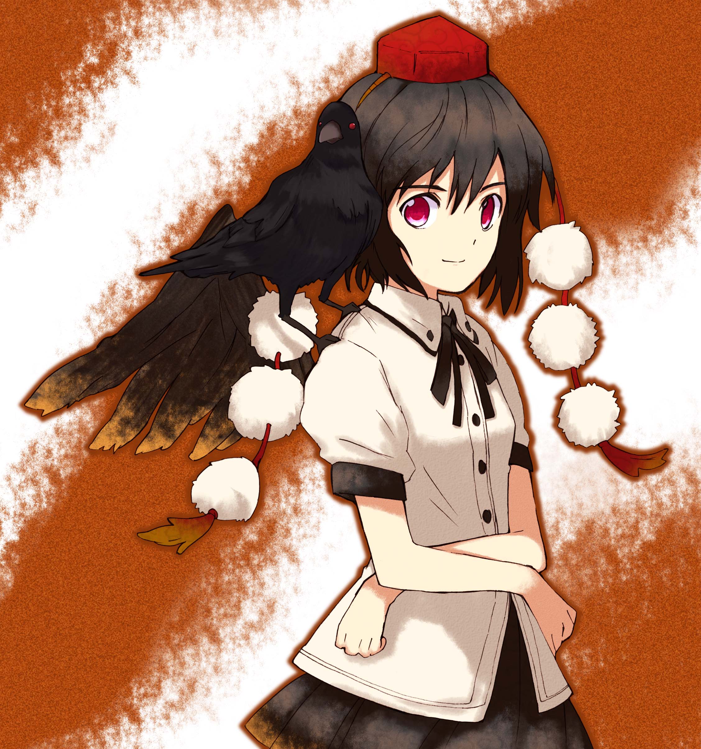 nanatsume, shameimaru aya, touhou, absurdres, bad id, bad pixiv id, highres, 1girl, animal, animal on shoulder, bird, bird on shoulder, black hair, black wings, crow, female focus, hat, looking at viewer, red eyes, solo, tokin hat, wings