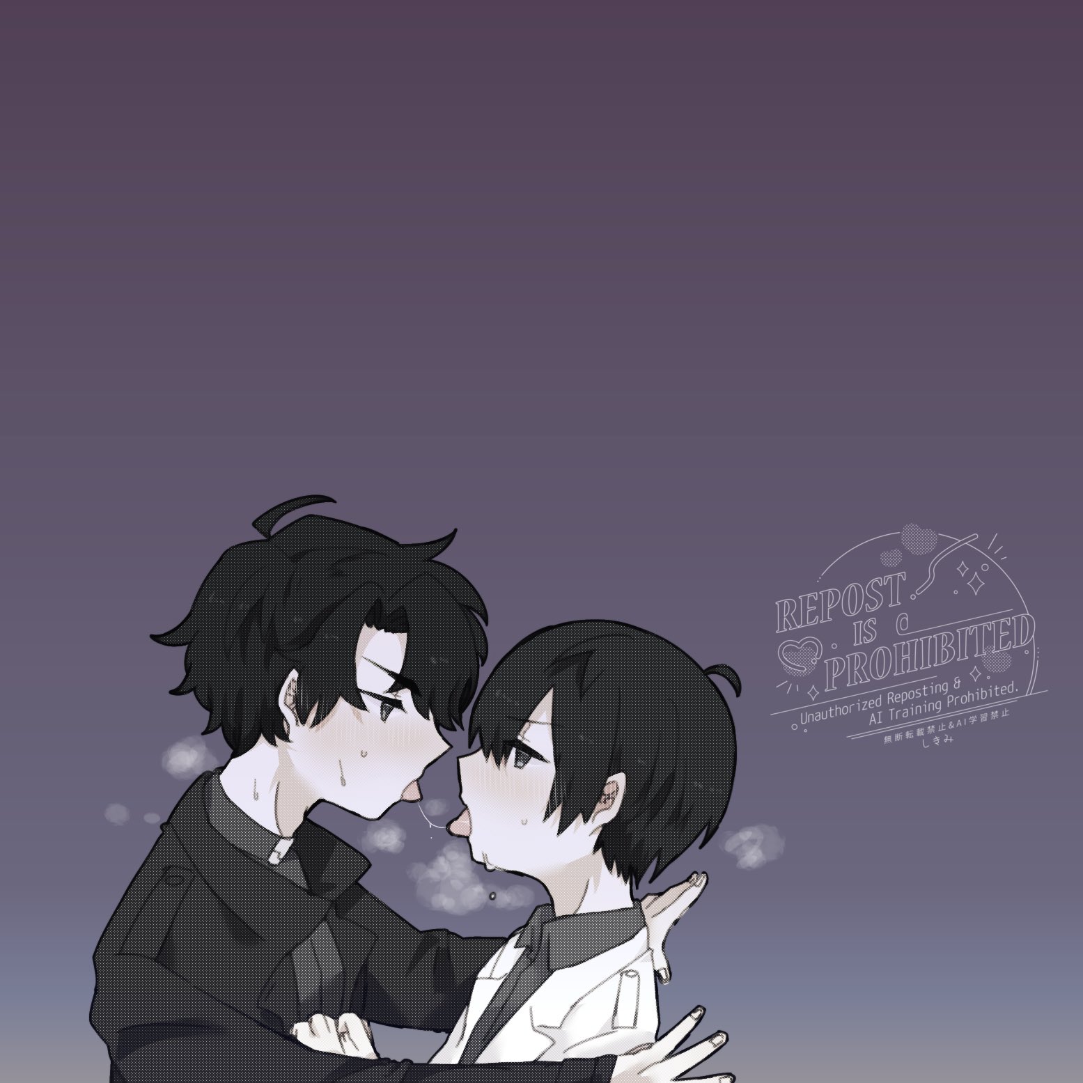 kim dokja, yoo joonghyuk, omniscient reader's viewpoint, highres, 2boys, ahoge, arms up, black coat, black eyes, black hair, black shirt, blush, breath, chibi, chibi only, coat, curtained hair, double-parted bangs, hair between eyes, hand on another's chest, kimidori 22, kiss, looking at another, male focus, multiple boys, open clothes, open coat, popped collar, saliva, saliva trail, shirt, short hair, sweatdrop, upper body, white coat, yaoi