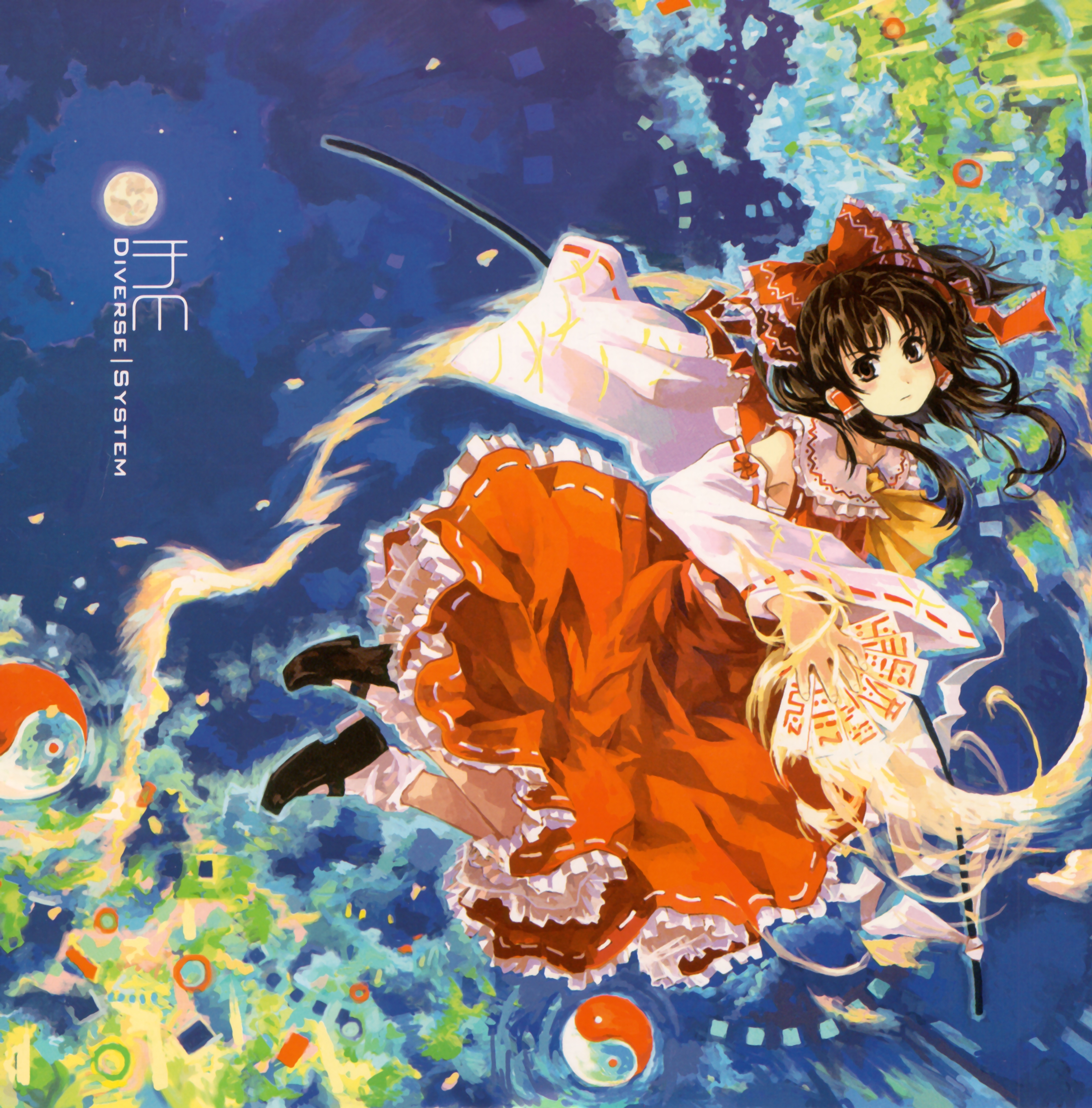 amagai tarou, hakurei reimu, touhou, absurdres, highres, 1girl, album cover, bow, brown eyes, brown hair, cover, detached sleeves, female focus, full moon, gohei, hair bow, japanese clothes, mary janes, miko, moon, ofuda, shoes, short hair, solo, yin yang