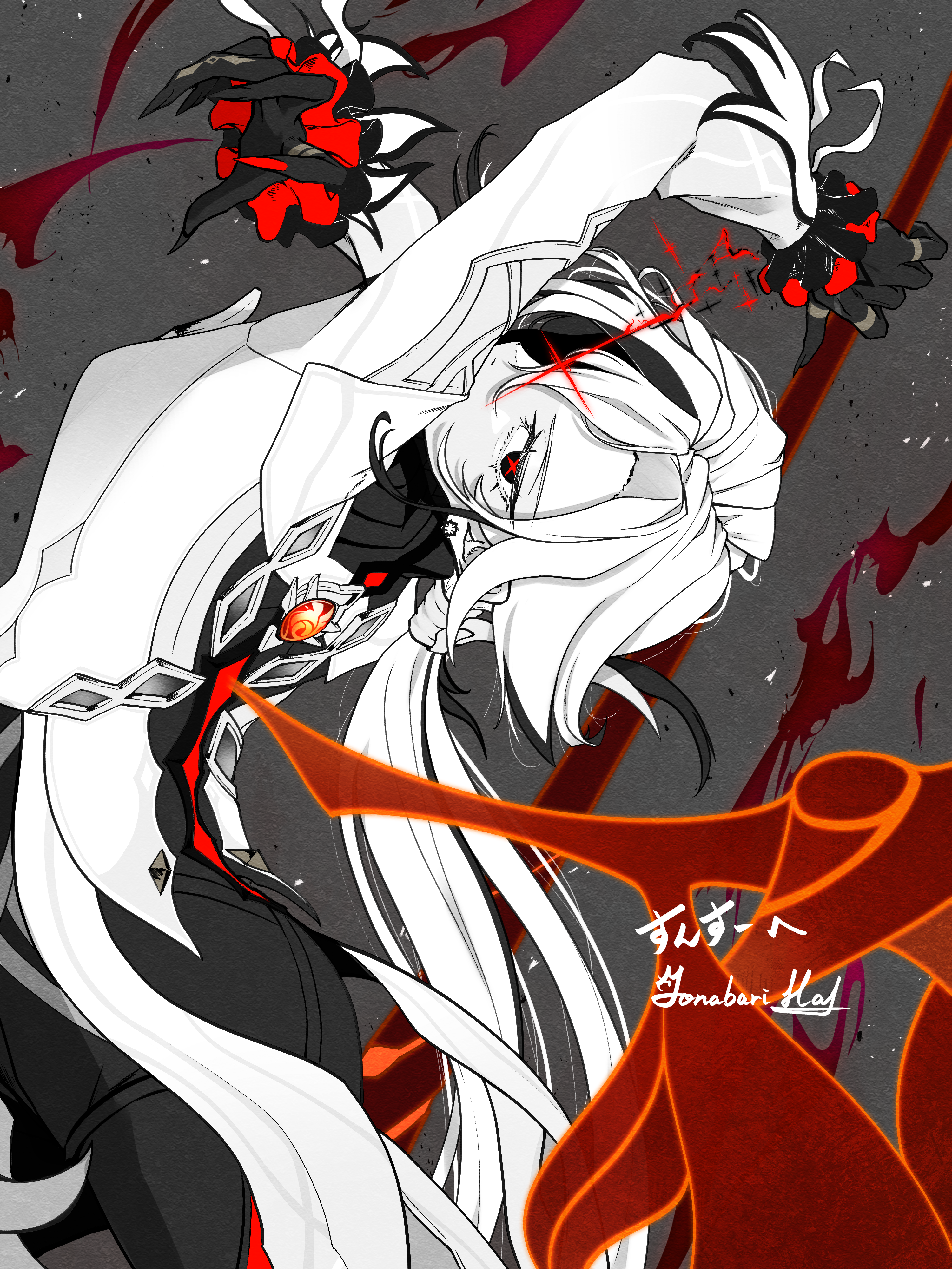 yonabari haru, arlecchino (genshin impact), genshin impact, absurdres, highres, black eyes, black hair, black hands, coat, colored extremities, crimson moon's semblance (genshin impact), multicolored hair, red pupils, scythe, streaked hair, swinging weapon, symbol-shaped pupils, two-tone hair, white hair, x-shaped pupils