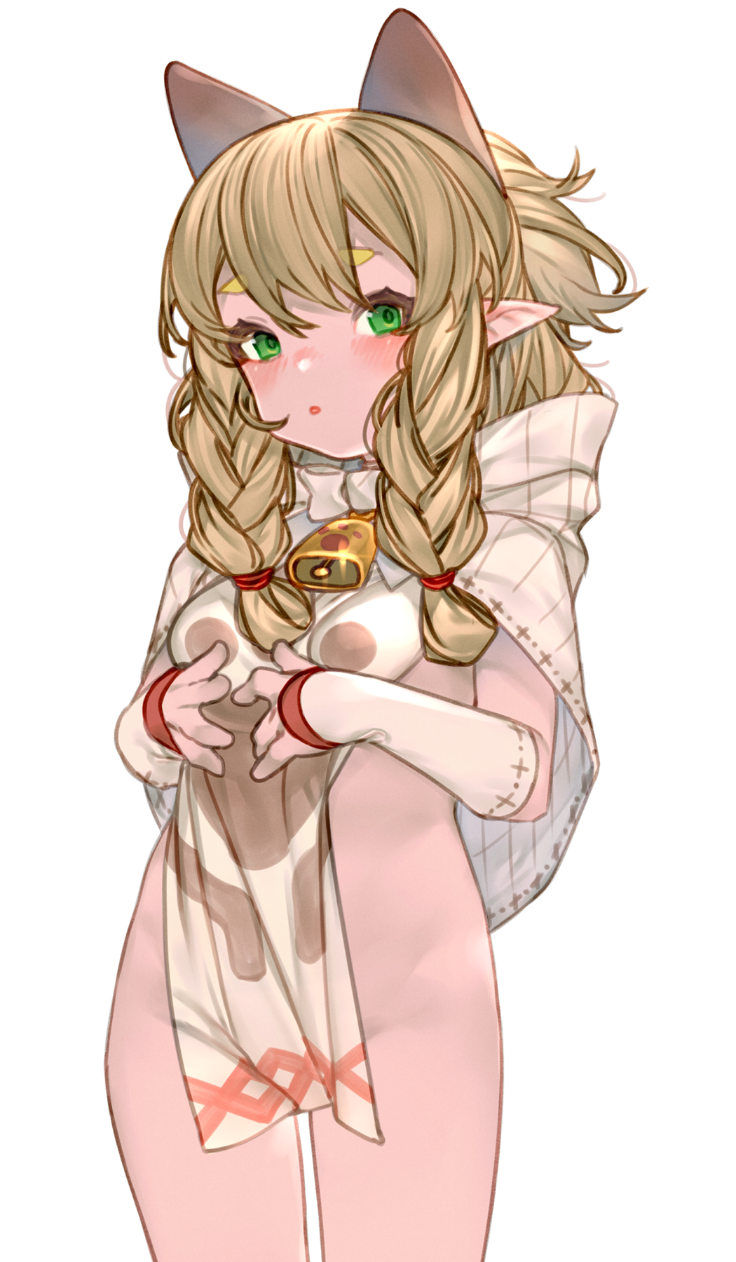 kochiya (gothope), monster hunter (series), monster hunter x, highres, 1girl, animal ears, blonde hair, blush, braid, breasts, clothes lift, green eyes, long hair, looking at viewer, no panties, pointy ears, simple background, small breasts, solo, standing, thick eyebrows, twin braids, white background