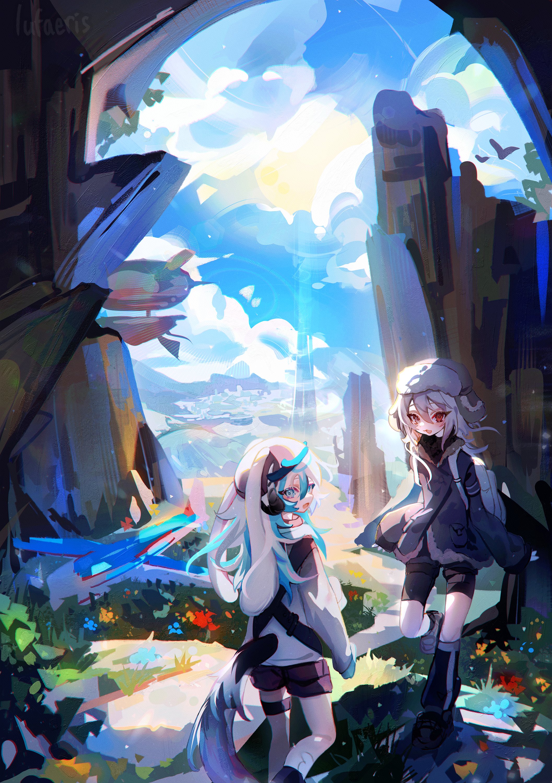 cloud (lufaeris), original, absurdres, commentary, english commentary, highres, 2girls, animal ears, black boots, black coat, black shorts, blue eyes, boots, cloud, cloudy sky, coat, fur-trimmed coat, fur trim, grass, grey hair, grey hat, hair between eyes, hat, long hair, looking at viewer, multiple girls, open mouth, outdoors, rabbit ears, red eyes, shorts, sky, sun, tail, wide shot