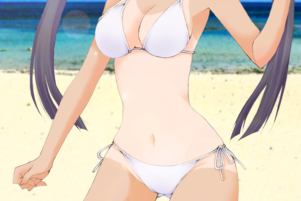 yukimaru (pixiv569460), yukimaru tubaki, original, cropped, 1girl, bikini, breasts, day, female focus, head out of frame, large breasts, navel, one-piece tan, photo background, side-tie bikini bottom, solo, swimsuit, tan, tanline, twintails, white bikini