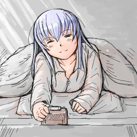 tsuda nanafushi, suigintou, rozen maiden, silver hair, lowres, 00s, aged up, lying, on stomach, pajamas, solo, under covers, waking up