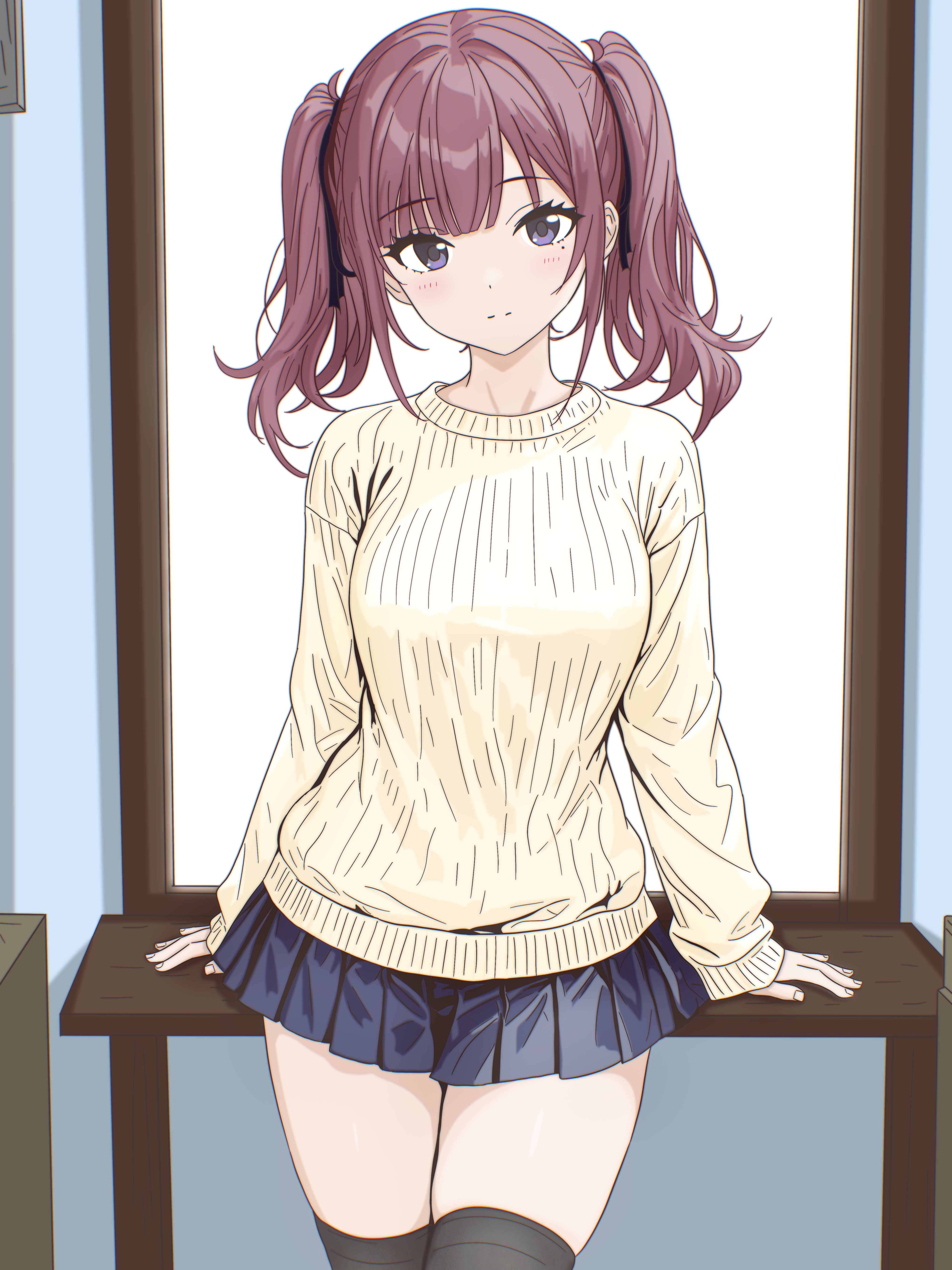 natsuki karin, synthesizer v, absurdres, highres, 1girl, black ribbon, black thighhighs, blue skirt, blush, breasts, brown hair, closed mouth, cowboy shot, hair ribbon, indoors, long sleeves, looking at viewer, medium breasts, medium hair, miniskirt, mole, mole under eye, pleated skirt, purple eyes, ribbon, skirt, solo, sweater, thighhighs, thighs, twintails, v-lab, white sweater, yellow sweater, zettai ryouiki