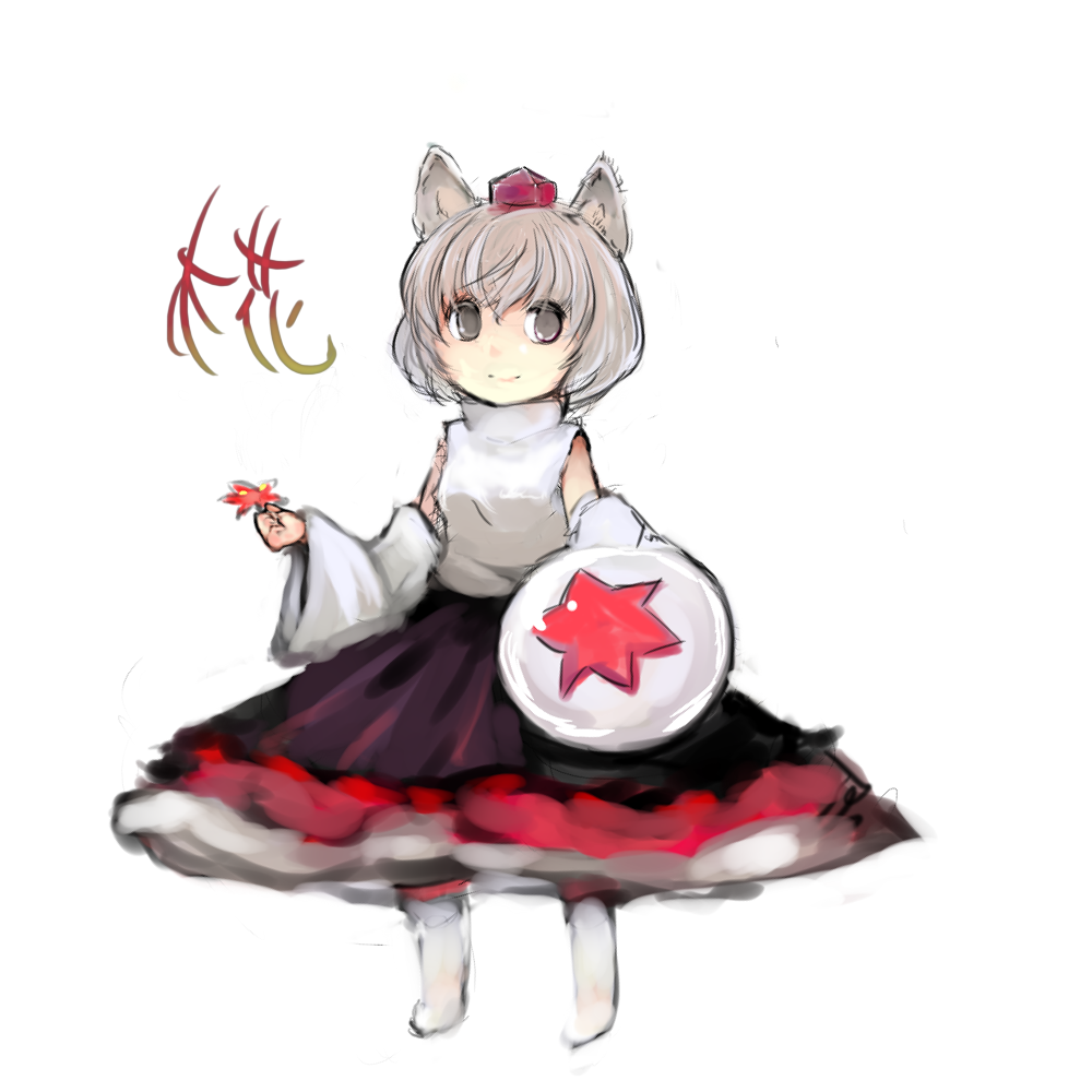 tasu tasuta, inubashiri momiji, touhou, bad id, bad pixiv id, 1girl, animal ears, character name, female focus, hat, leaf, maple leaf, shield, solo, tokin hat, white background, wolf ears