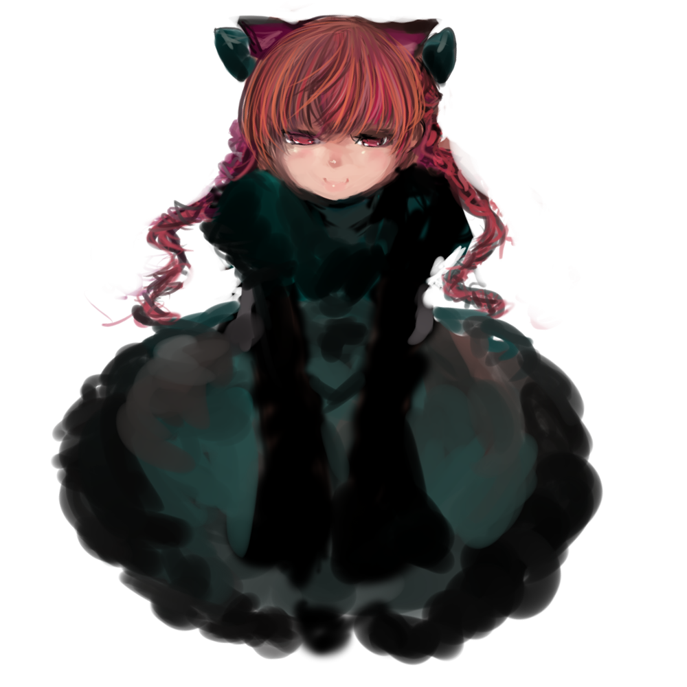 tasu tasuta, kaenbyou rin, touhou, bad id, bad pixiv id, 1girl, female focus, red eyes, red hair, simple background, solo, white background