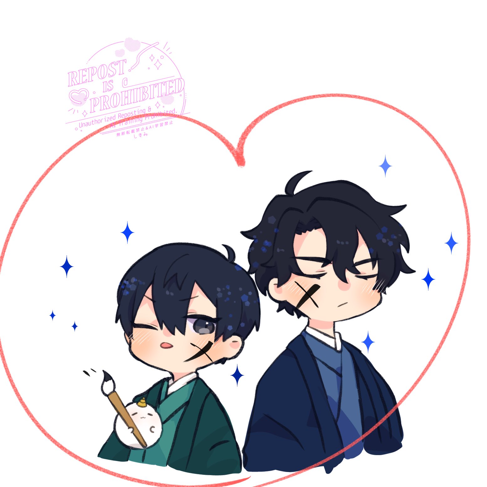 biyoo (omniscient reader's viewpoint), kim dokja, yoo joonghyuk, omniscient reader's viewpoint, highres, 2boys, ;p, ahoge, black eyes, black hair, blue robe, chibi, chibi only, closed eyes, curtained hair, double-parted bangs, drawn heart, facial mark, green robe, hair between eyes, heart, kimidori 22, looking at another, male focus, multiple boys, one eye closed, paintbrush, robe, short hair, sparkle, tongue, tongue out, upper body, x (symbol)