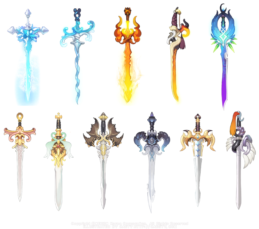 caesty, nexon, tales weaver, commentary request, korean commentary, official art, aqua wings, artist name, black horns, black wings, blue horns, company name, copyright notice, crystal sword, dated commentary, english text, fire, flaming sword, flaming weapon, horns, object focus, production art, reference sheet, simple background, sword, sword tassel, tassel, two-tone wings, watermark, weapon, weapon focus, web address, white background, white wings, winged sword, wings