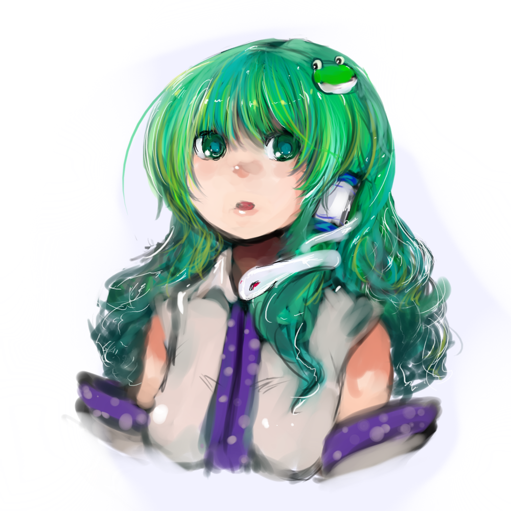 tasu tasuta, kochiya sanae, touhou, bad id, bad pixiv id, 1girl, female focus, green hair, solo, white background