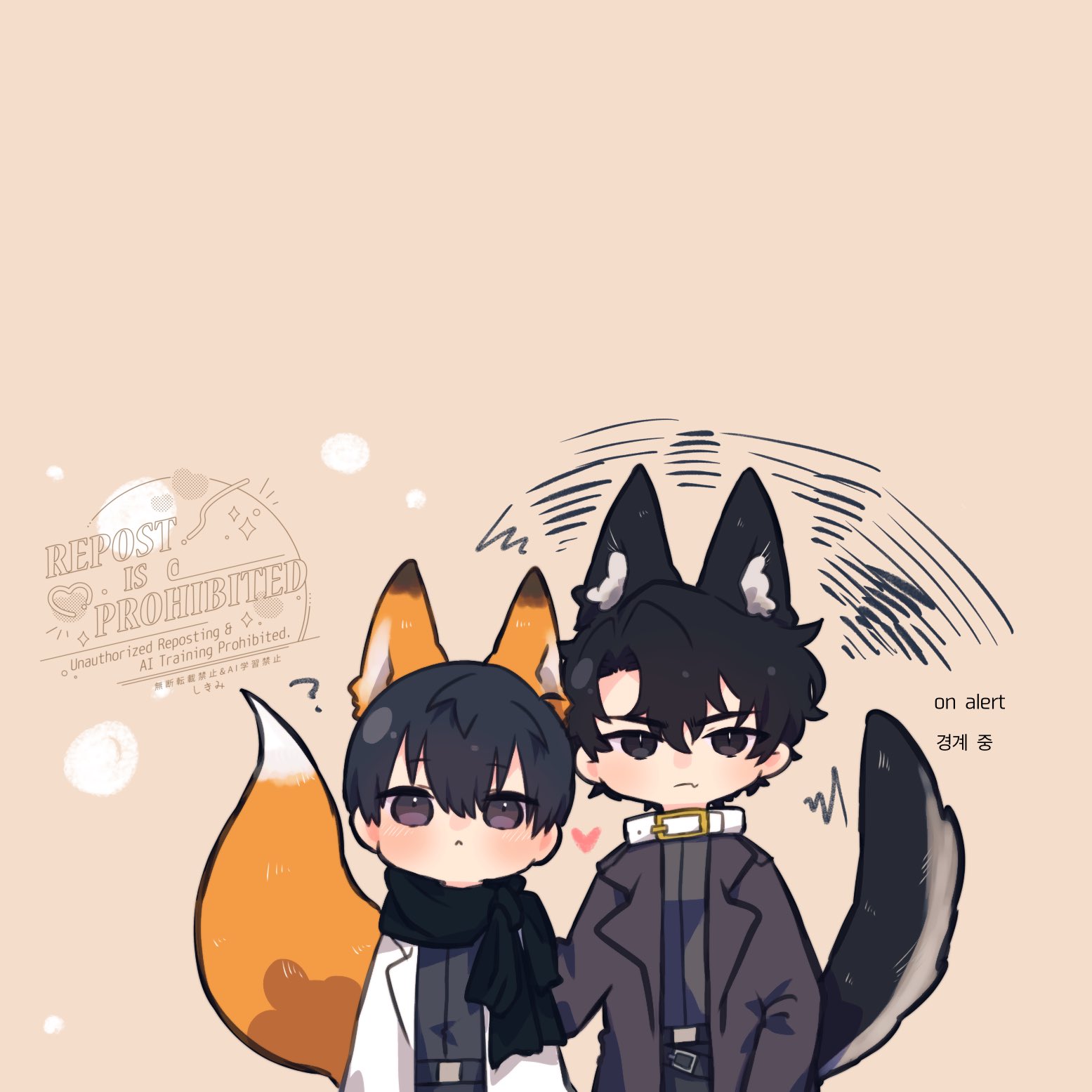 kim dokja, yoo joonghyuk, omniscient reader's viewpoint, highres, 2boys, ?, ahoge, animal ears, belt, black coat, black eyes, black hair, black scarf, black shirt, chibi, chibi only, coat, collar, curtained hair, double-parted bangs, english text, fox ears, fox tail, hair between eyes, heart, kemonomimi mode, kimidori 22, looking at viewer, male focus, motion lines, multiple boys, open clothes, open coat, popped collar, scarf, shirt, short hair, tail, white coat