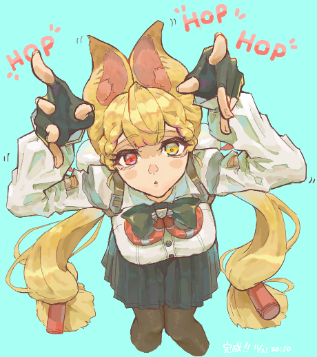 alice thymefield, zenless zone zero, commentary request, 1girl, animal ear fluff, animal ears, arms up, black gloves, blonde hair, blue background, braid, braided twintails, breasts, brown pantyhose, chest bow, cropped legs, fingerless gloves, gloves, green skirt, hair ornament, hearing aid, heterochromia, kikiki 1123, large breasts, leaning forward, long hair, looking at viewer, low twintails, motion lines, open mouth, pantyhose, rabbit ears, rabbit girl, red eyes, shirt, skirt, solo, sphere hair ornament, twintails, white shirt, yellow eyes