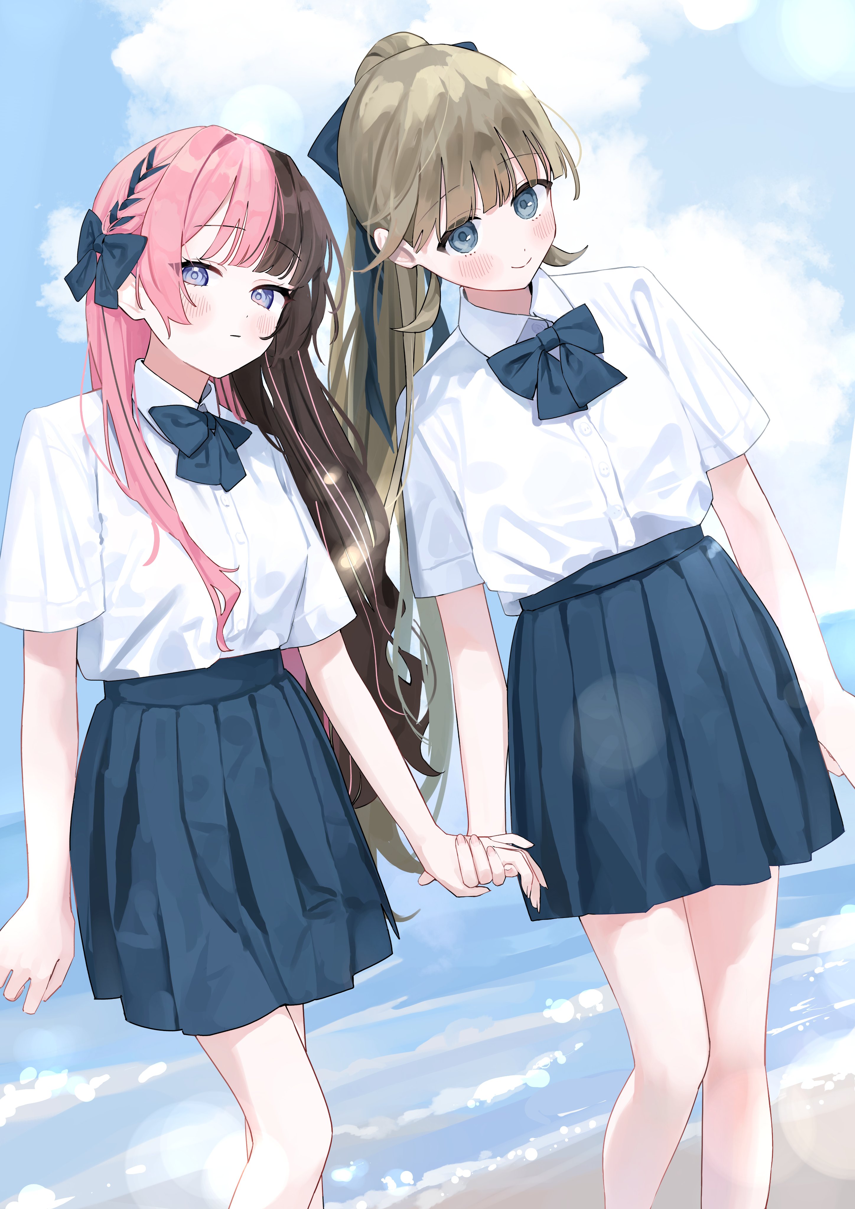 hanada ten, hanabusa lisa, tachibana hinano, vspo!, absurdres, highres, 2girls, beach, blonde hair, blue bow, blue bowtie, blue eyes, blue skirt, blue sky, blush, bow, bowtie, brown hair, collared shirt, hair bow, high ponytail, holding hands, long hair, looking at viewer, multicolored hair, multiple girls, ocean, pink hair, pleated skirt, ponytail, school uniform, shirt, shirt tucked in, short sleeves, skirt, sky, split-color hair, two-tone hair, virtual youtuber, waves, white shirt