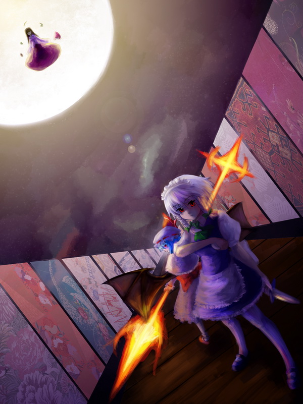r2sais, houraisan kaguya, izayoi sakuya, remilia scarlet, touhou, bad id, bad pixiv id, 3girls, dress, female focus, hallway, knife, maid, moon, multiple girls, outdoors, polearm, sky, spear, spear the gungnir, weapon