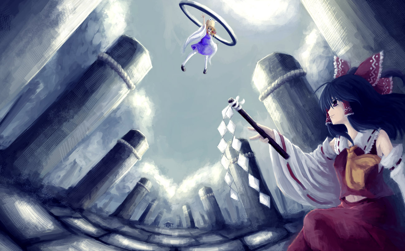 r2sais, hakurei reimu, moriya suwako, touhou, bad id, bad pixiv id, 2girls, battle, female focus, gohei, moriya's iron rings, multiple girls