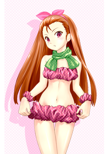 ponnetsu, minase iori, idolmaster, idolmaster (classic), 00s, 1girl, brown hair, female focus, forehead, long hair, midriff, pink eyes, red eyes, red hair, scarf, scrunchie, solo, very long hair, wrist cuffs, wrist scrunchie