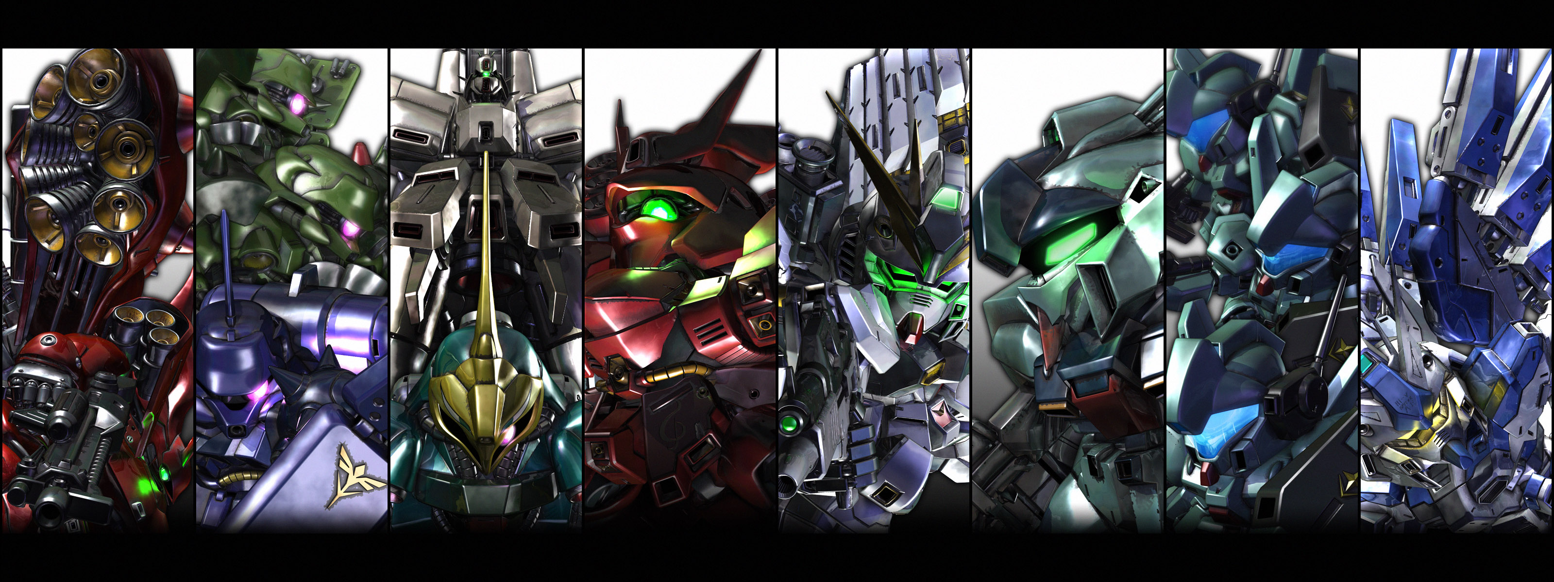 a mituhashi, alpha azieru, geara doga, hi-nu gundam, jagd doga, jagd doga gyunei custom, jegan, nightingale, nightingale (gundam), nu gundam, re-gz, sazabi, char's counterattack, char's counterattack – beltorchika's children, gundam, absurdres, highres, long image, wide image, beam rifle, chibi, column lineup, energy gun, everyone, gun, letterboxed, mecha, mecha focus, robot, shield, weapon