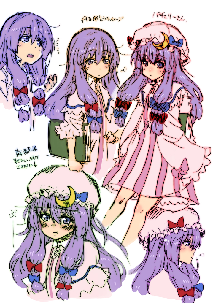 takanashi ringo, patchouli knowledge, touhou, 1girl, :t, book, female focus, hat, long hair, purple eyes, purple hair, reference sheet, sketch, solo, white background