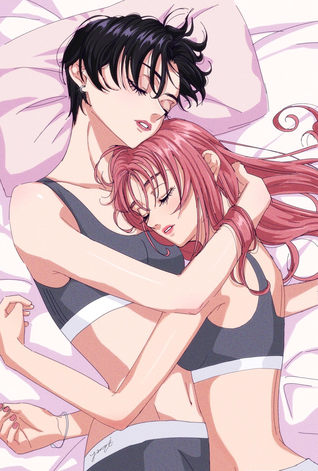 yanqi momota, commentary request, highres, 2girls, aoi-kun ga ikemen sugite tsurai, aoi (aoi-kun ga ikemen sugite tsurai), bare arms, black hair, black sports bra, closed eyes, cuddling, grey panties, hug, long hair, miri (aoi-kun ga ikemen sugite tsurai), multiple girls, on bed, panties, parted lips, pillow, pink hair, short hair, sleeping, sports bra, underwear, yuri