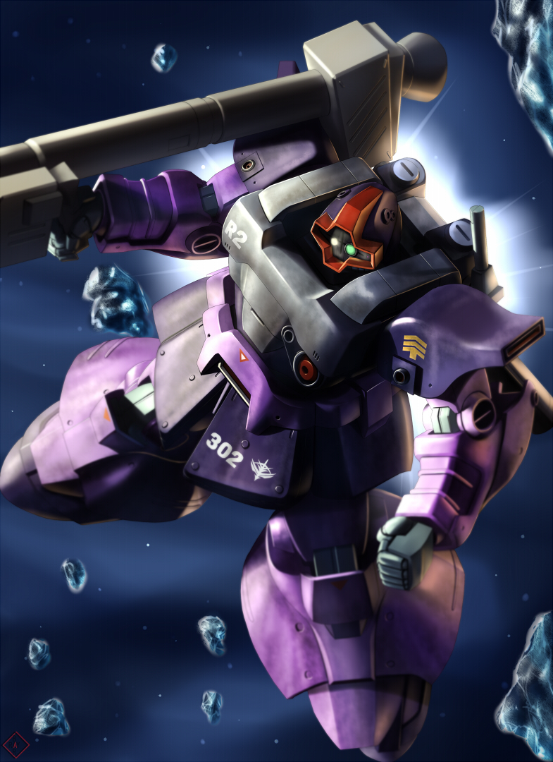 raybar, rick dom ii, gundam, gundam 0080, 1980s (style), asteroid, m1 bazooka, mecha, no humans, oldschool, retro artstyle, robot, rocket launcher, solo, space, weapon