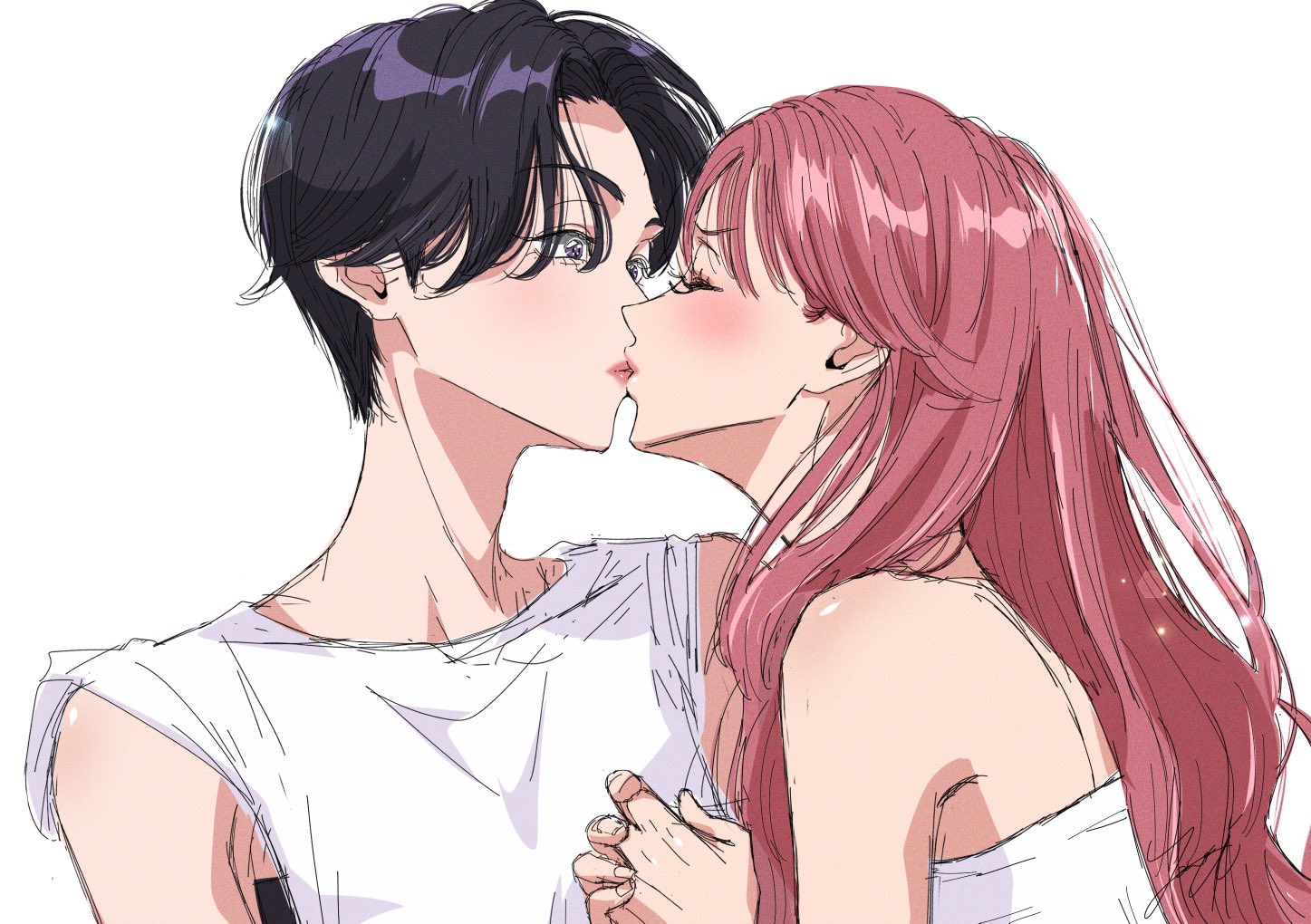 yanqi momota, commentary request, 2girls, aoi-kun ga ikemen sugite tsurai, aoi (aoi-kun ga ikemen sugite tsurai), kiss, long hair, miri (aoi-kun ga ikemen sugite tsurai), multiple girls, pink hair, purple hair, short hair, simple background, tank top, white background, white tank top, yuri