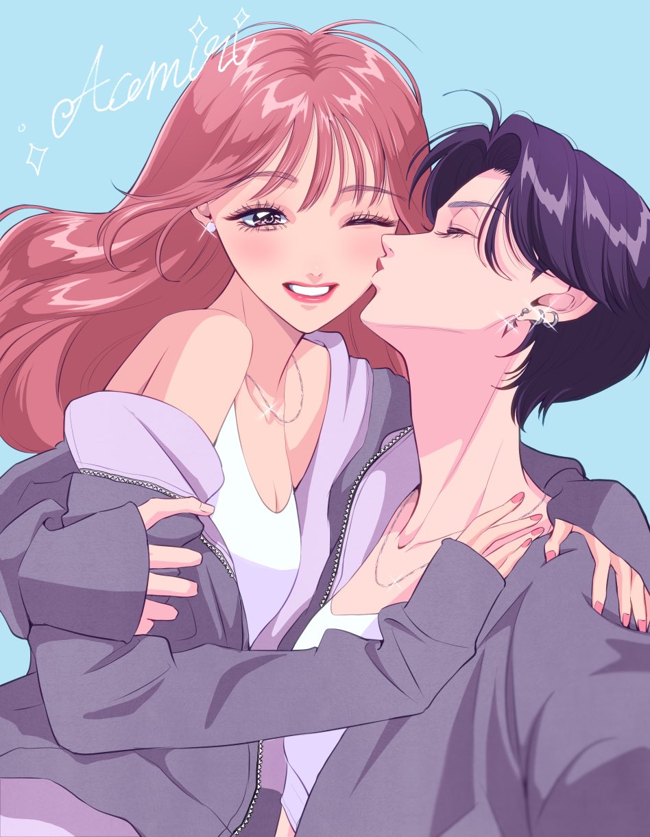 yanqi momota, commentary request, highres, 2girls, aoi-kun ga ikemen sugite tsurai, aoi (aoi-kun ga ikemen sugite tsurai), blue background, closed eyes, earrings, grey jacket, hand on another's shoulder, jacket, jewelry, kiss, kissing cheek, long hair, miri (aoi-kun ga ikemen sugite tsurai), multiple girls, necklace, one eye closed, pink hair, pink nails, purple hair, red lips, short hair, simple background, tank top, white tank top, yuri