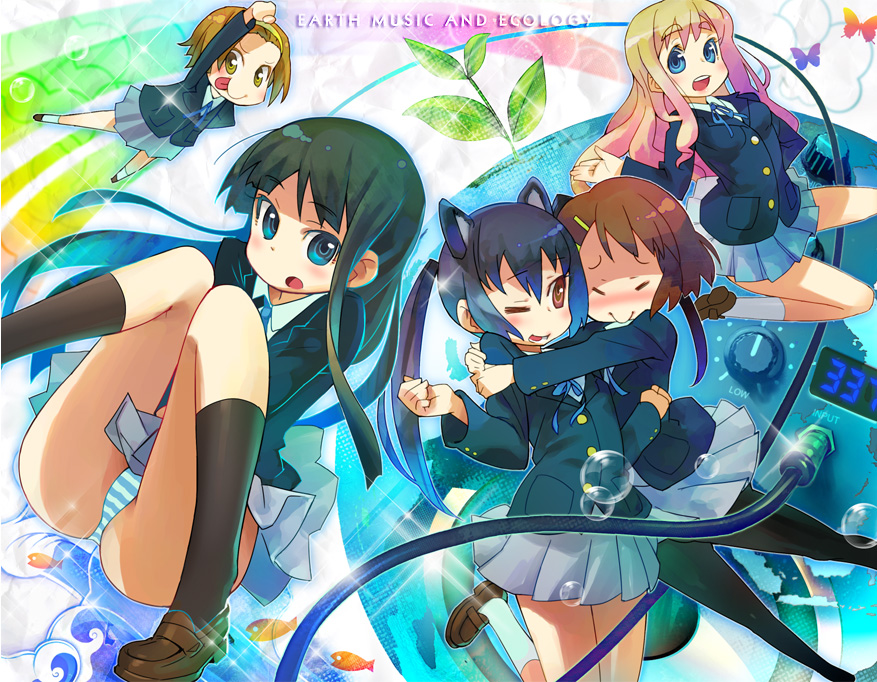 minawa, akiyama mio, hirasawa yui, kotobuki tsumugi, nakano azusa, tainaka ritsu, k-on!, bad id, bad pixiv id, md5 mismatch, resolution mismatch, source larger, 00s, 5girls, :p, animal ears, black hair, blonde hair, blue eyes, blunt bangs, blush, brown eyes, brown hair, cat ears, closed eyes, hairband, hime cut, ho-kago tea time, hug, kneehighs, long hair, multiple girls, necktie, panties, pantyhose, pantyshot, school uniform, short hair, sitting, skirt, socks, striped clothes, striped panties, tongue, tongue out, twintails, underwear