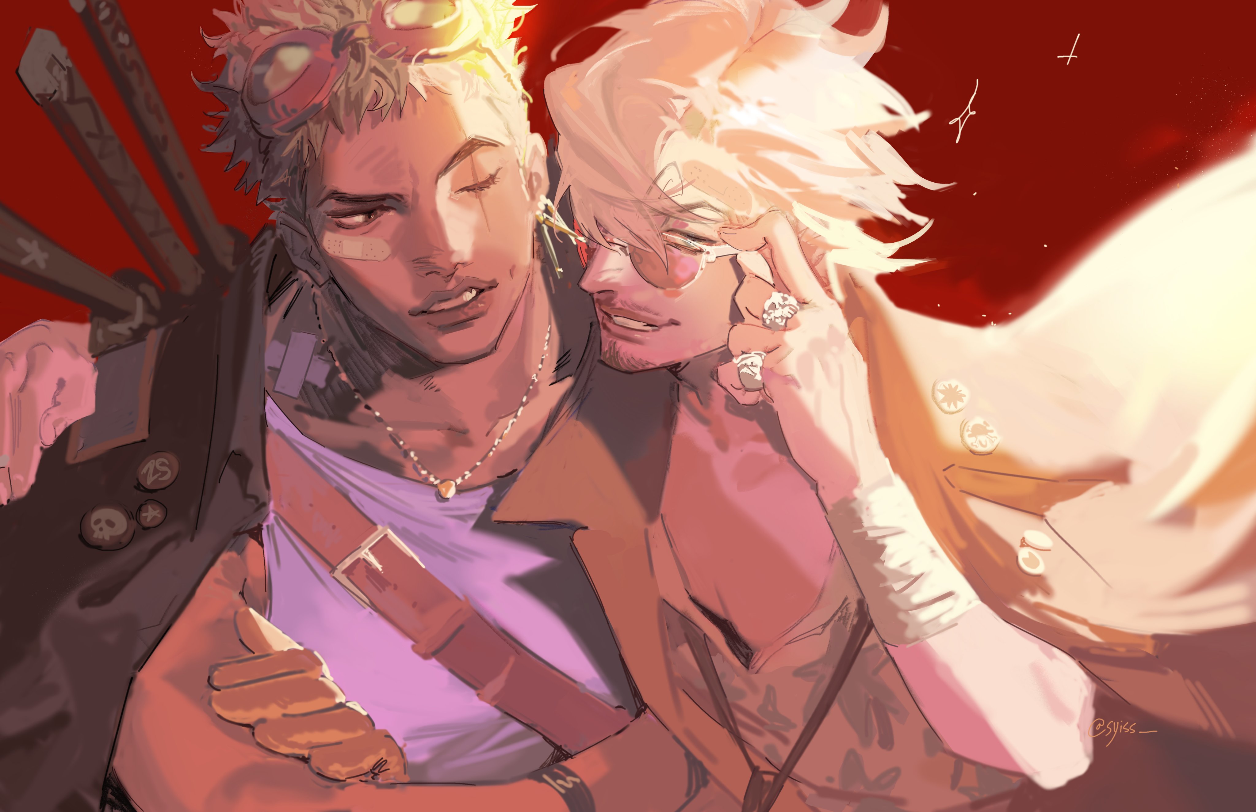 roronoa zoro, sanji (one piece), one piece, absurdres, commentary, english commentary, highres, 2boys, crossed arms, facial hair, goatee, goggles, goggles on head, jewelry, male focus, multiple boys, mustache, necklace, one eye closed, parted lips, red background, ring, scar, scar across eye, scar on face, simple background, smile, sparkle, sunglasses, sword, sword on back, syiss, twitter username, weapon, weapon on back