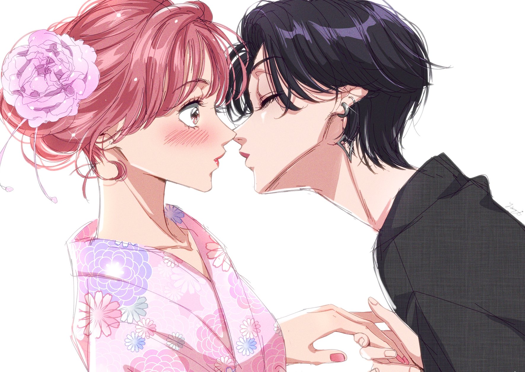yanqi momota, commentary request, highres, 2girls, animal ears, aoi-kun ga ikemen sugite tsurai, aoi (aoi-kun ga ikemen sugite tsurai), black shirt, blush, closed eyes, floral print, floral print kimono, flower, hair bun, hair flower, hair ornament, holding hands, imminent kiss, japanese clothes, kimono, miri (aoi-kun ga ikemen sugite tsurai), multiple girls, pink flower, pink hair, pink kimono, pink nails, print kimono, puckered lips, purple hair, shirt, short hair, simple background, white background, yuri