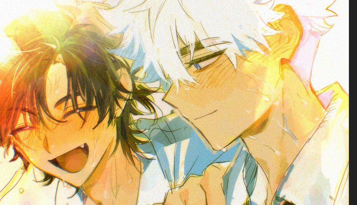 justjust monika, cheng xiaoshi, lu guang, shiguang dailiren, 2boys, :d, black hair, blue eyes, blush, closed eyes, closed mouth, collared shirt, fang, hair between eyes, hand on another's shoulder, happy, hot, looking at another, male focus, multiple boys, open mouth, ponytail, portrait, shirt, short hair, short ponytail, smile, sunlight, sweat, wet, white background, white hair, white shirt, yaoi