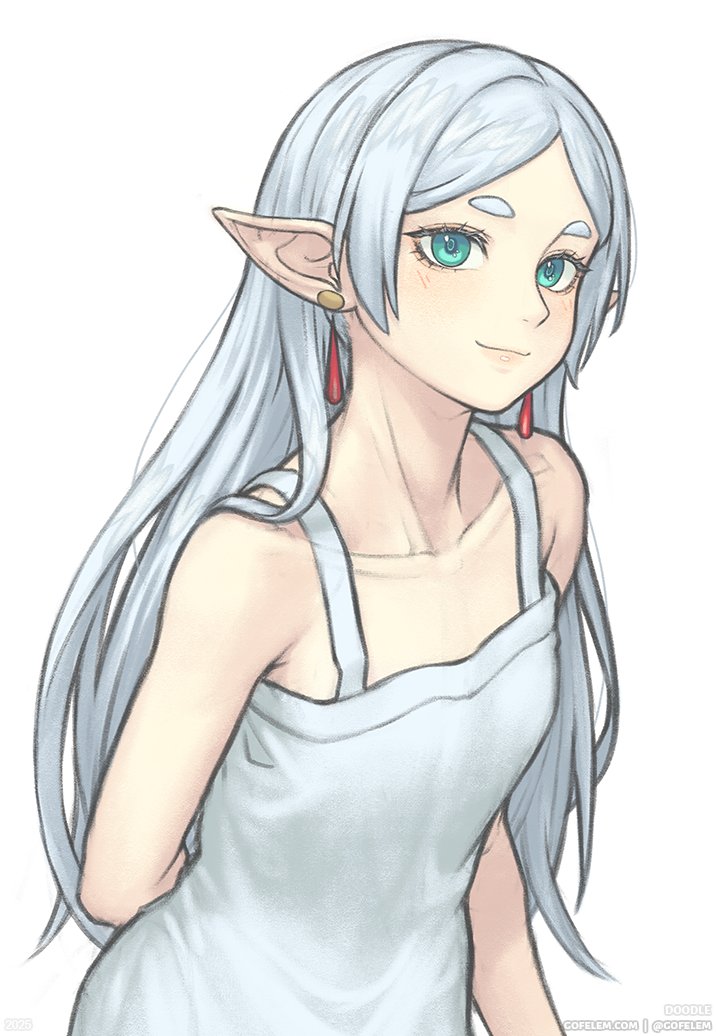 gofelem, frieren, sousou no frieren, 1girl, bare shoulders, breasts, closed mouth, collarbone, dress, earrings, elf, floating earrings, green eyes, grey hair, jewelry, long hair, looking at viewer, parted bangs, pointy ears, simple background, sleeveless, sleeveless dress, small breasts, smile, solo, teardrop earrings, upper body, white background, white dress, white hair